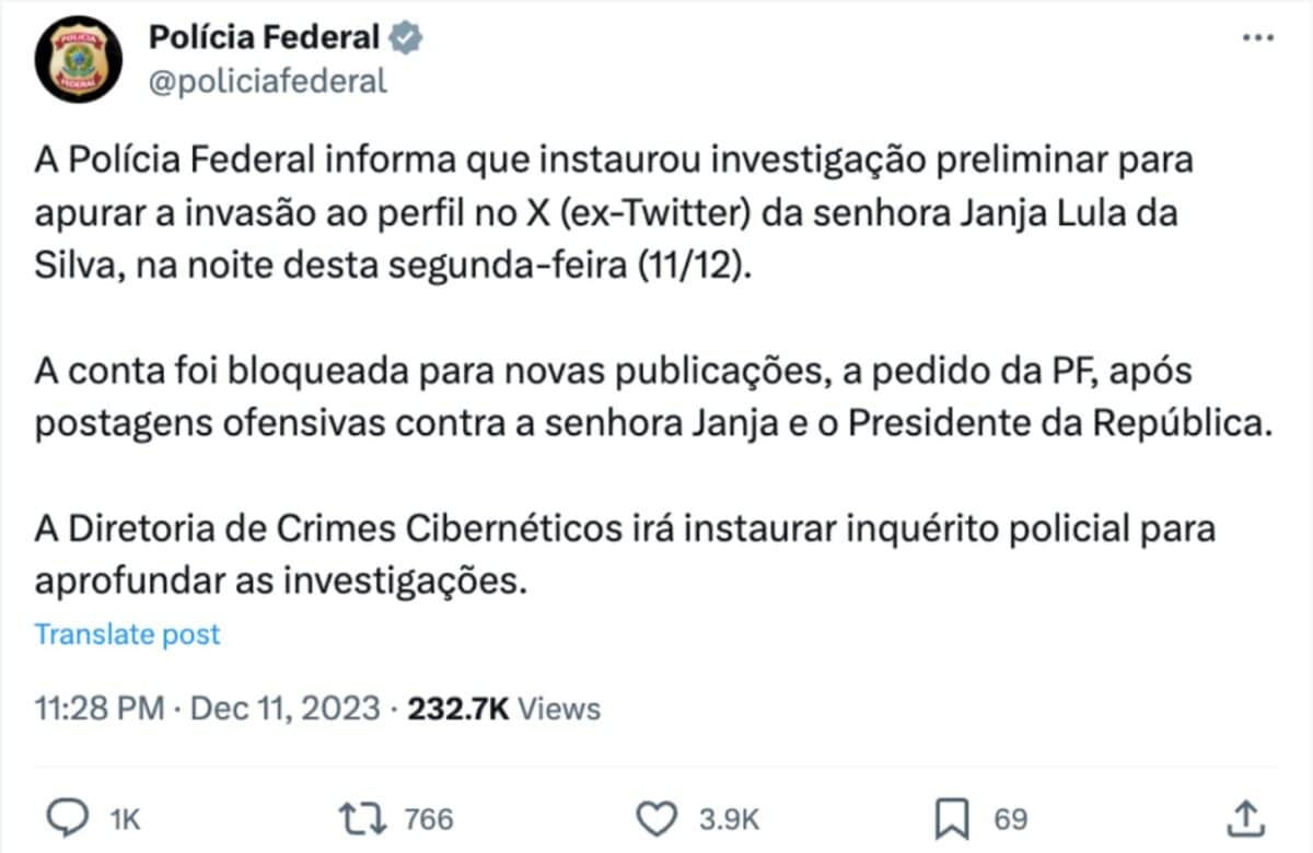 canalcienciascriminais.com.br pf investiga ataque hacker a conta da primeira dama janja no twitter janja